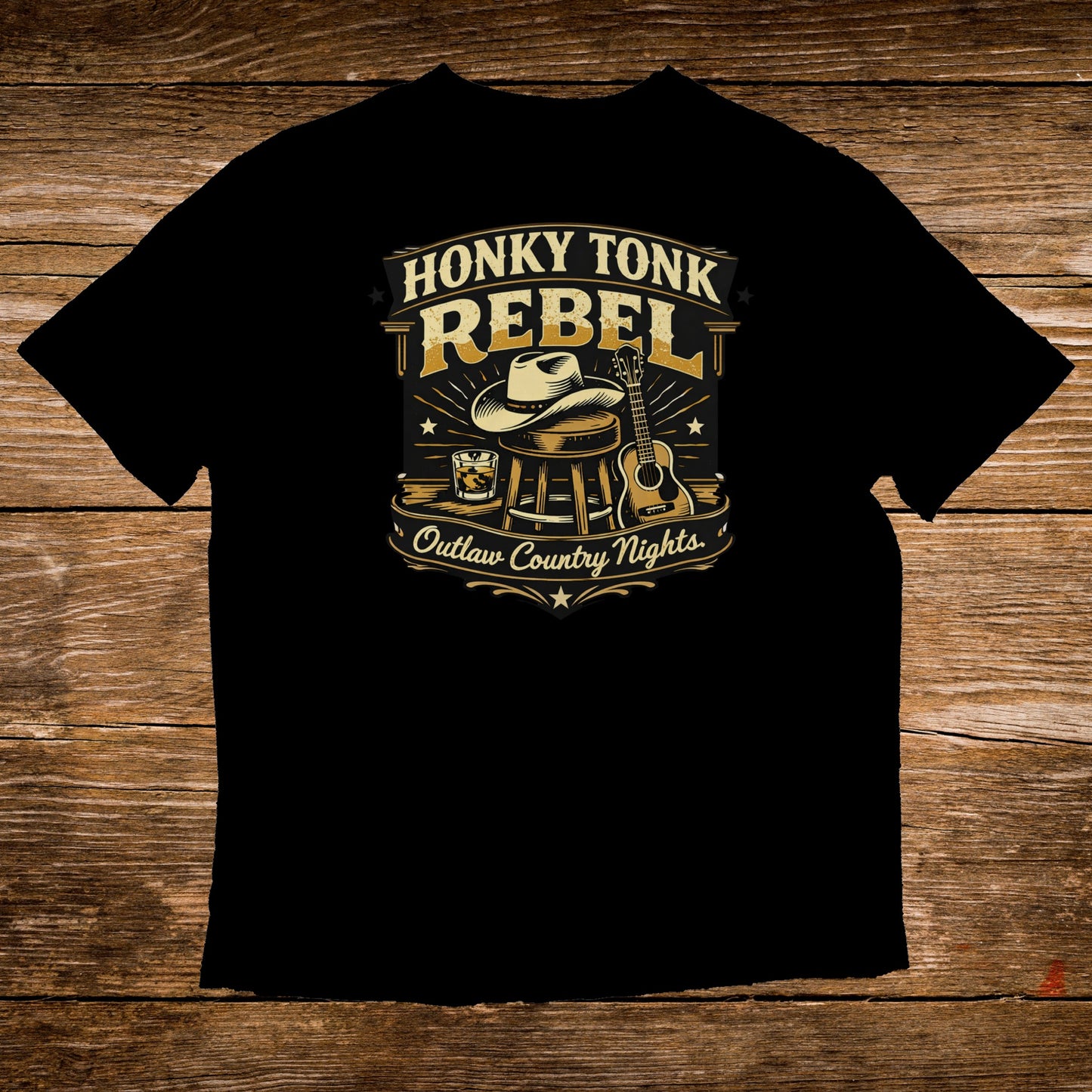 Black t-shirt with "Honky Tonk Rebel" and country music graphic.