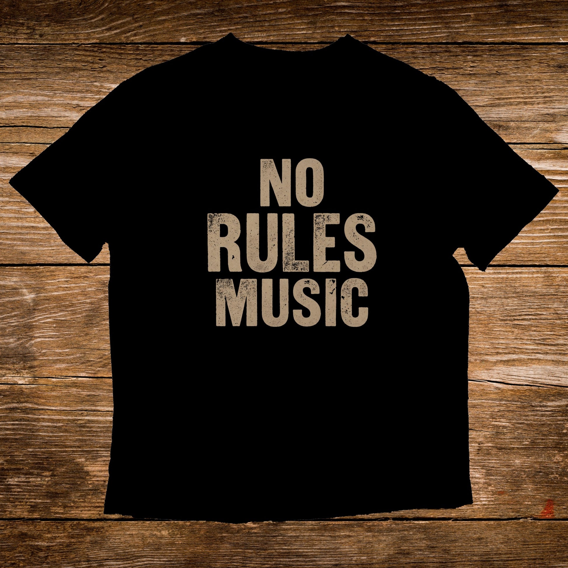 Black t-shirt with "NO RULES MUSIC" printed in distressed white text.