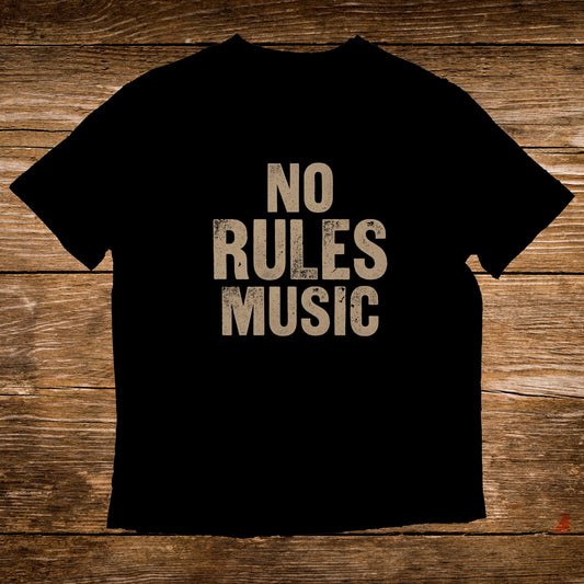 Black t-shirt with "NO RULES MUSIC" printed in distressed white text.