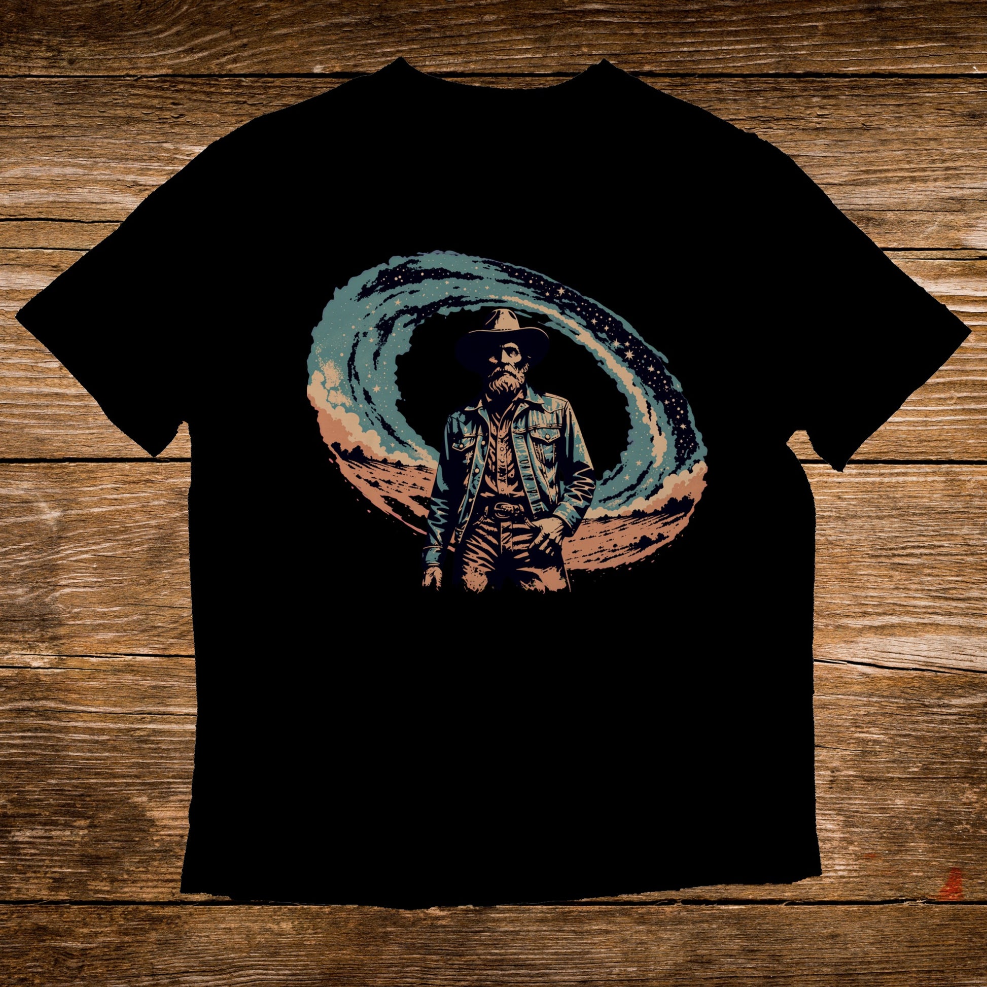 Man in cowboy hat and denim jacket with swirling starry background on black t-shirt.