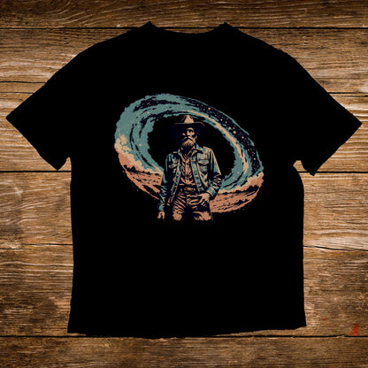 Man in cowboy hat and denim jacket with swirling starry background on black t-shirt.
