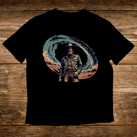 Man in cowboy hat and denim jacket with swirling starry background on black t-shirt.