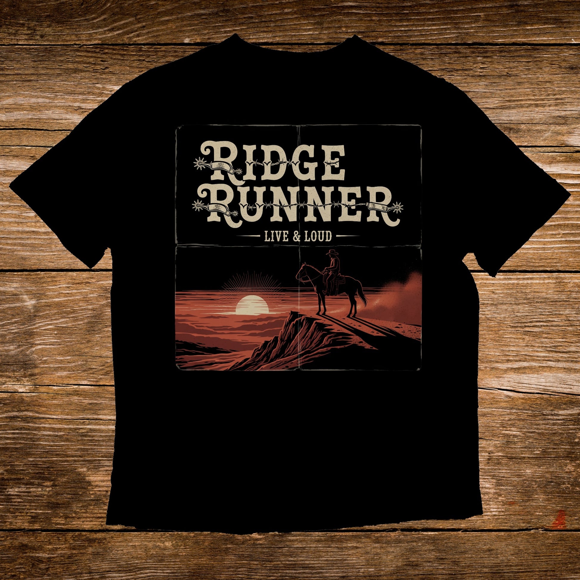 Black t-shirt with "Ridge Runner Live & Loud" text and cowboy on horseback at sunset.