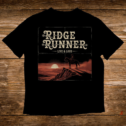 Black t-shirt with "Ridge Runner Live & Loud" text and cowboy on horseback at sunset.