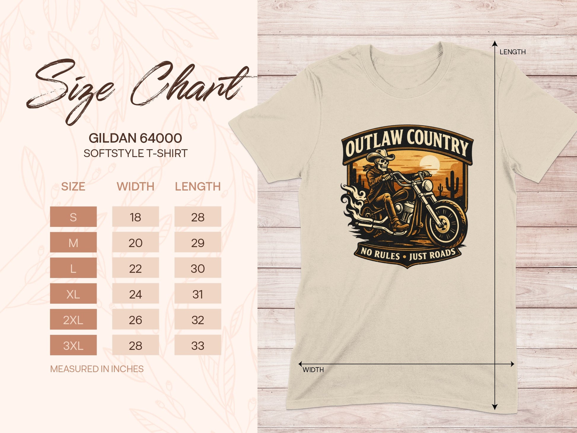 Gildan 64000 size chart with measurements and Outlaw Country t-shirt graphic.
