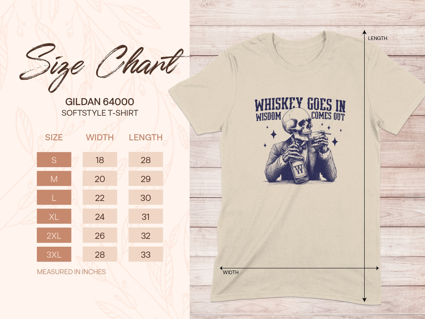 Gildan 64000 t-shirt size chart with whiskey skeleton graphic.