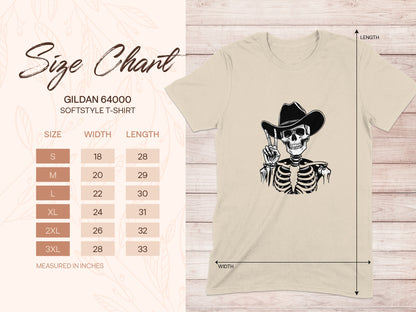 Gildan 64000 softstyle t-shirt size chart with skeleton graphic.
