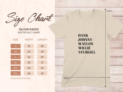 Gildan 64000 t-shirt size chart with measurements and artist names.