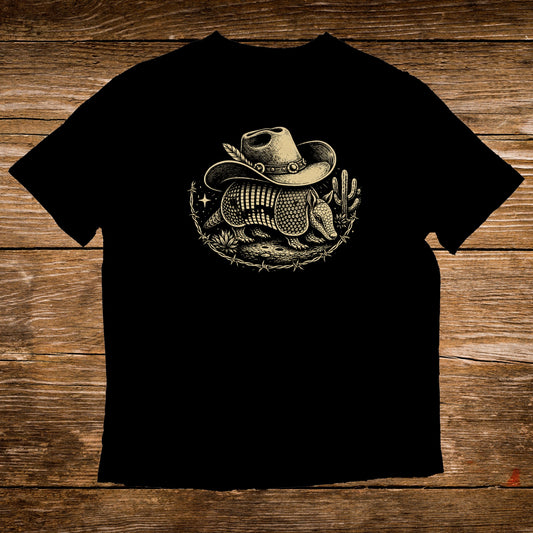 Armadillo wearing a cowboy hat and cactus illustration on a black t-shirt.