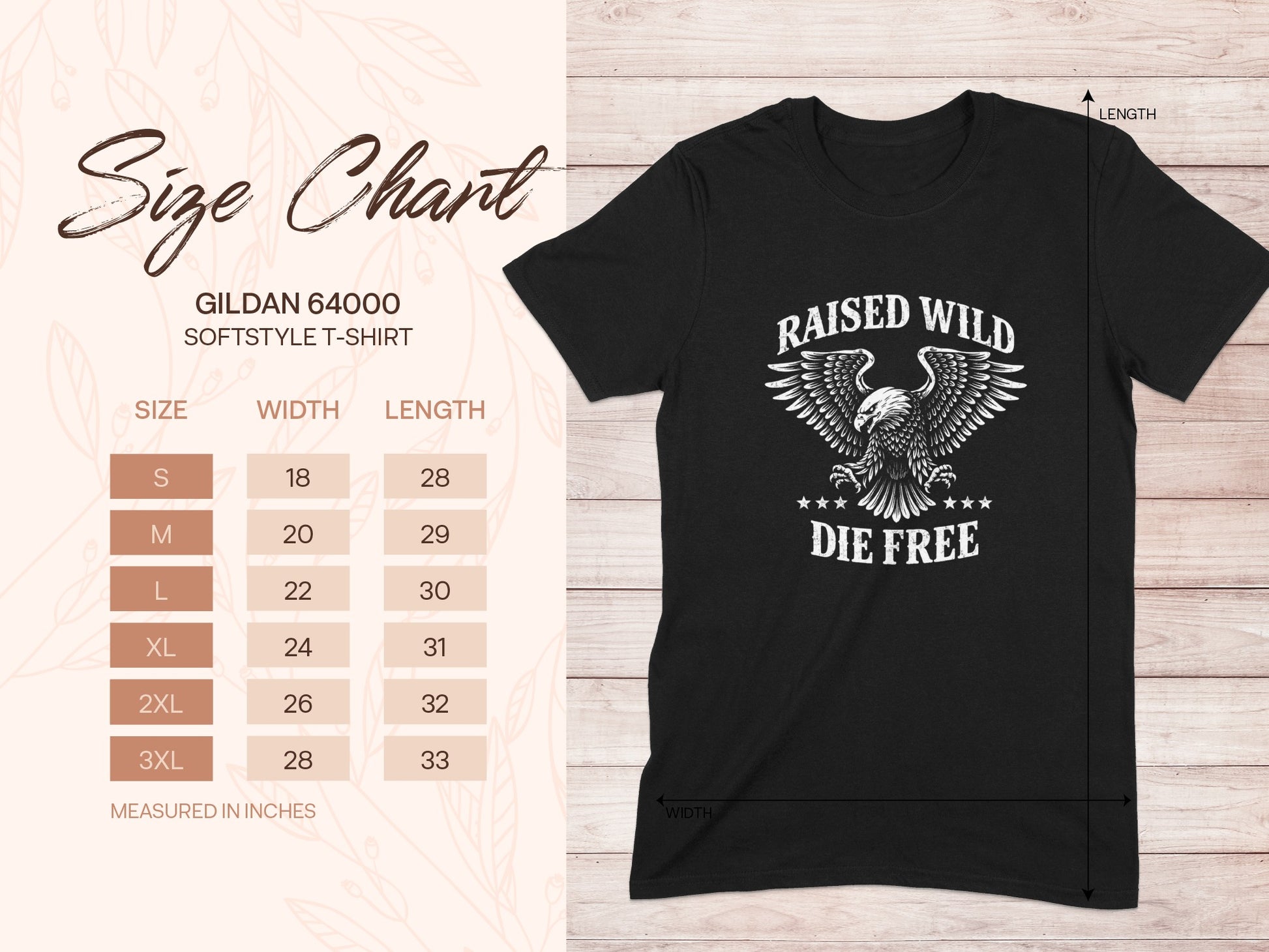 Gildan 64000 softstyle t-shirt size chart with eagle graphic.