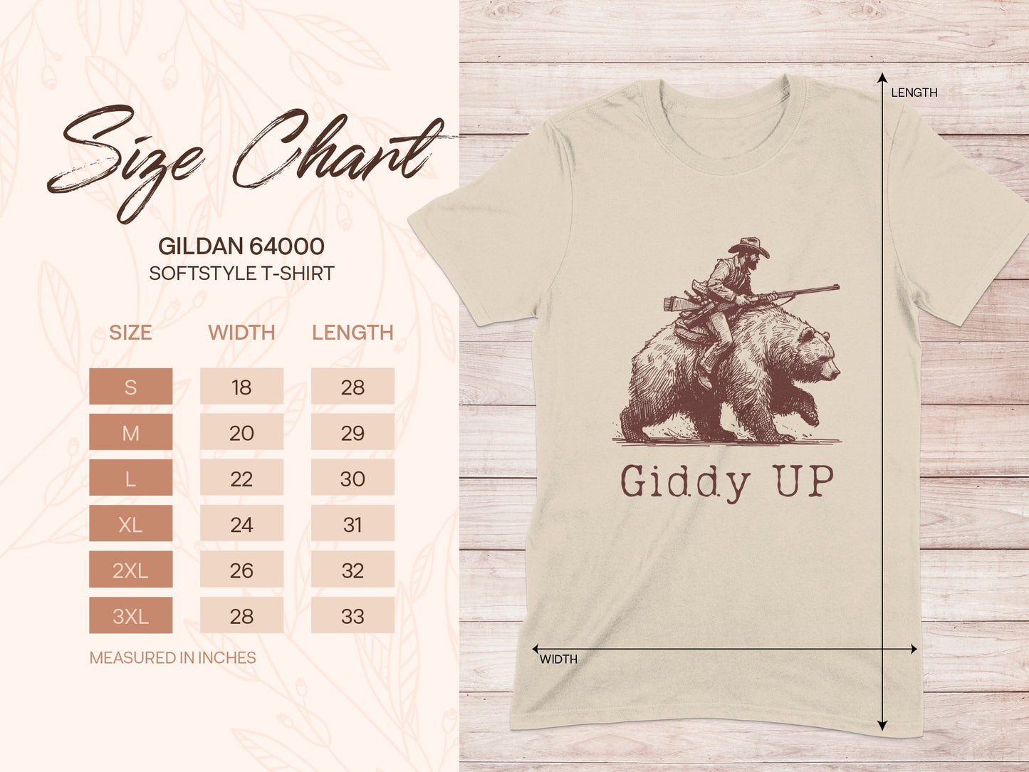 Gildan 64000 Softstyle T-shirt size chart with bear rider graphic.