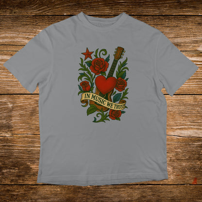 Gray t-shirt with a heart, guitar, roses, and "IN MUSIC WE TRUST" banner.