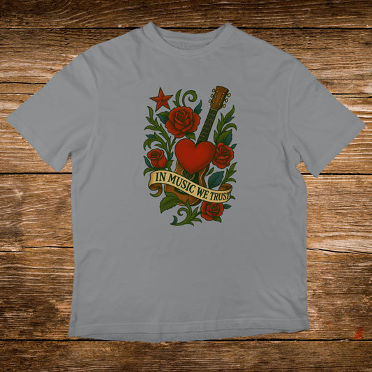 Gray t-shirt with a heart, guitar, roses, and "IN MUSIC WE TRUST" banner.