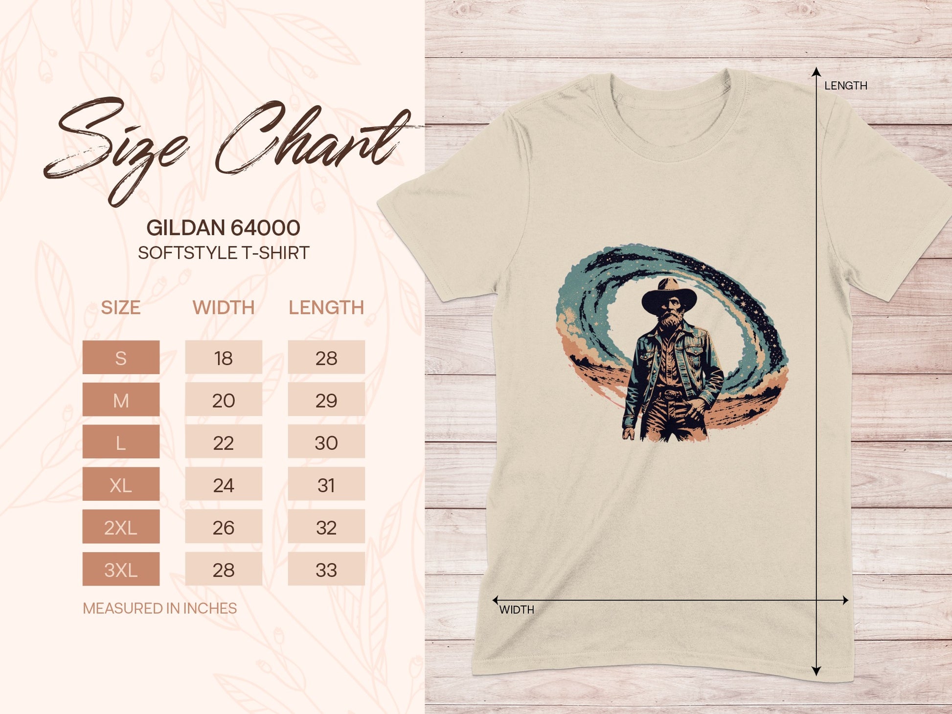 Gildan 64000 Softstyle t-shirt size chart with measurements.