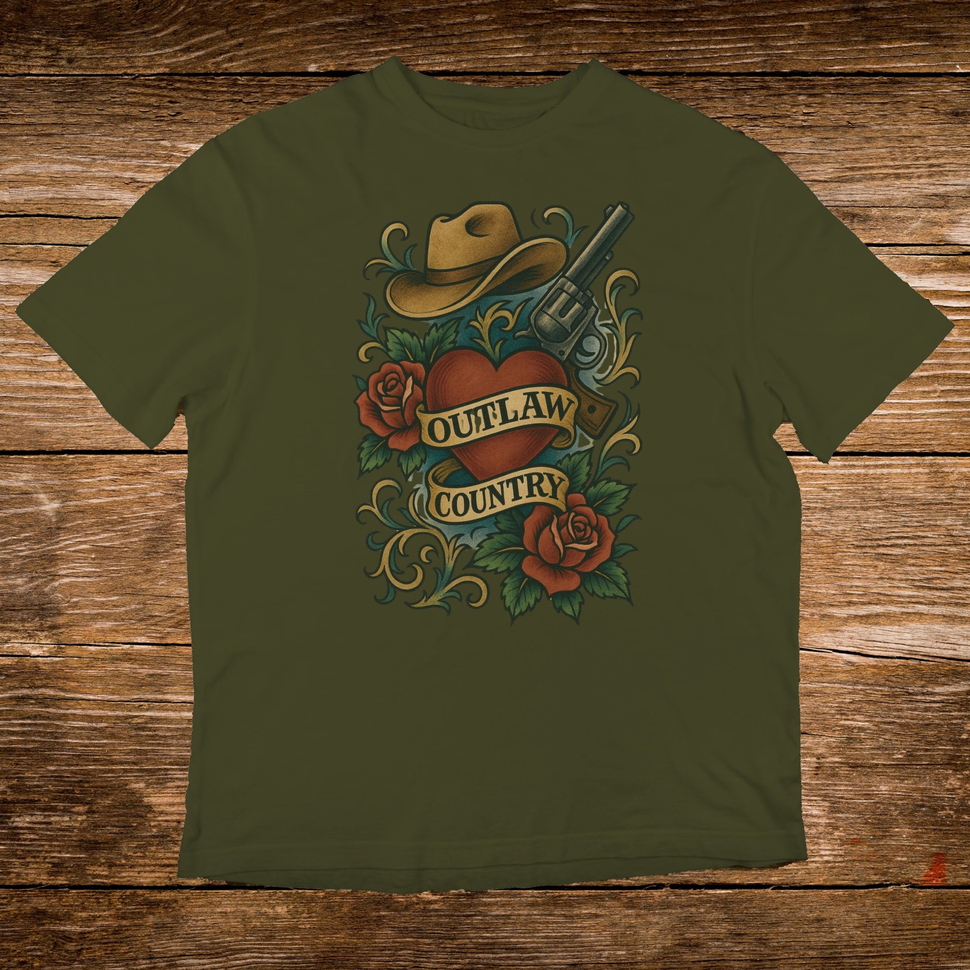 Outlaw Country Hat Roses Revolver Design Shirt