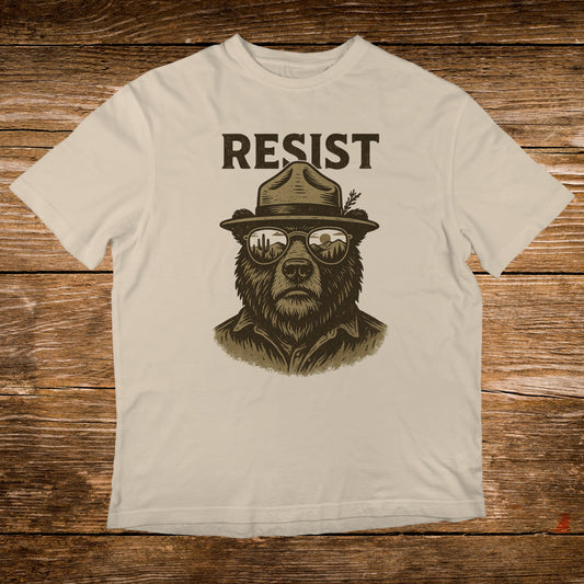 Bear wearing sunglasses and a ranger hat, text "RESIST".