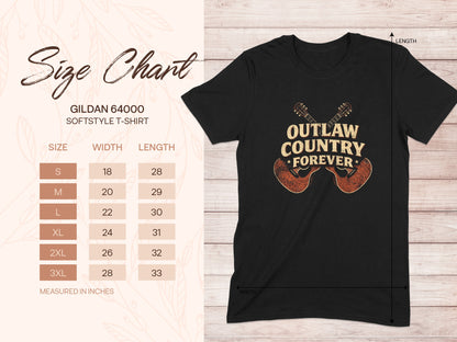 Gildan 64000 softstyle t-shirt size chart with Outlaw Country Forever graphic.