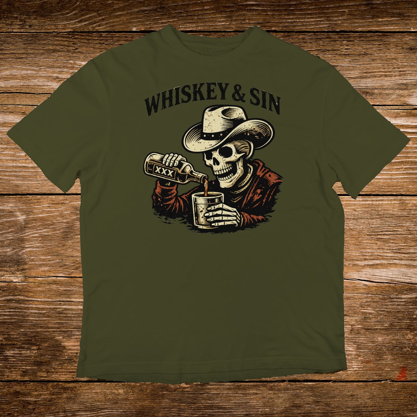 Skeleton in a cowboy hat pouring whiskey from a bottle into a glass.