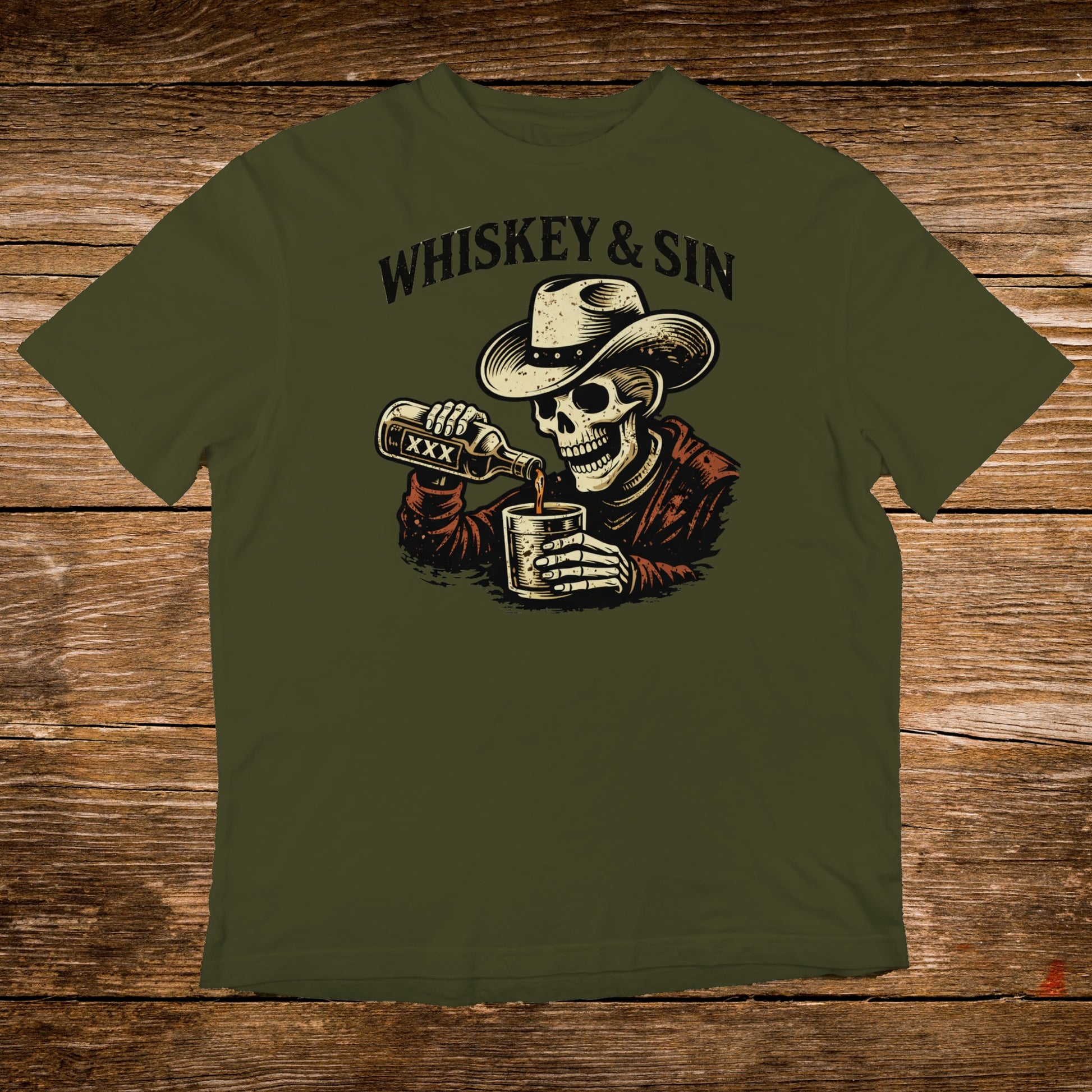 Skeleton in a cowboy hat pouring whiskey from a bottle into a glass.
