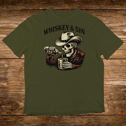 Skeleton in a cowboy hat pouring whiskey from a bottle into a glass.