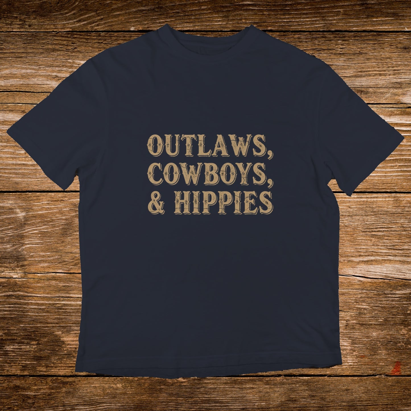 Dark blue t-shirt with "OUTLAWS, COWBOYS, & HIPPIES" text.