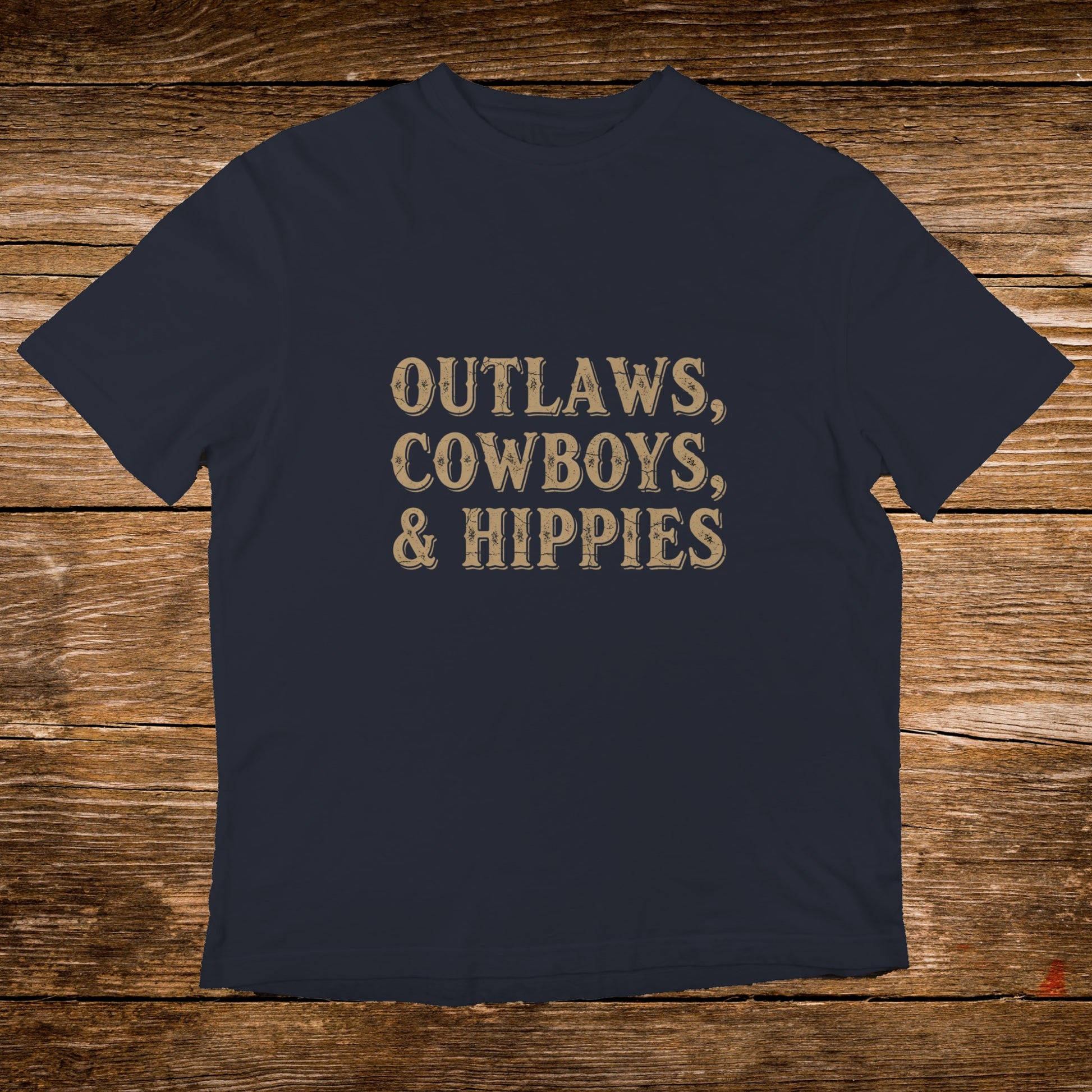 Dark blue t-shirt with "OUTLAWS, COWBOYS, & HIPPIES" text.
