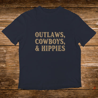 Dark blue t-shirt with "OUTLAWS, COWBOYS, & HIPPIES" text.