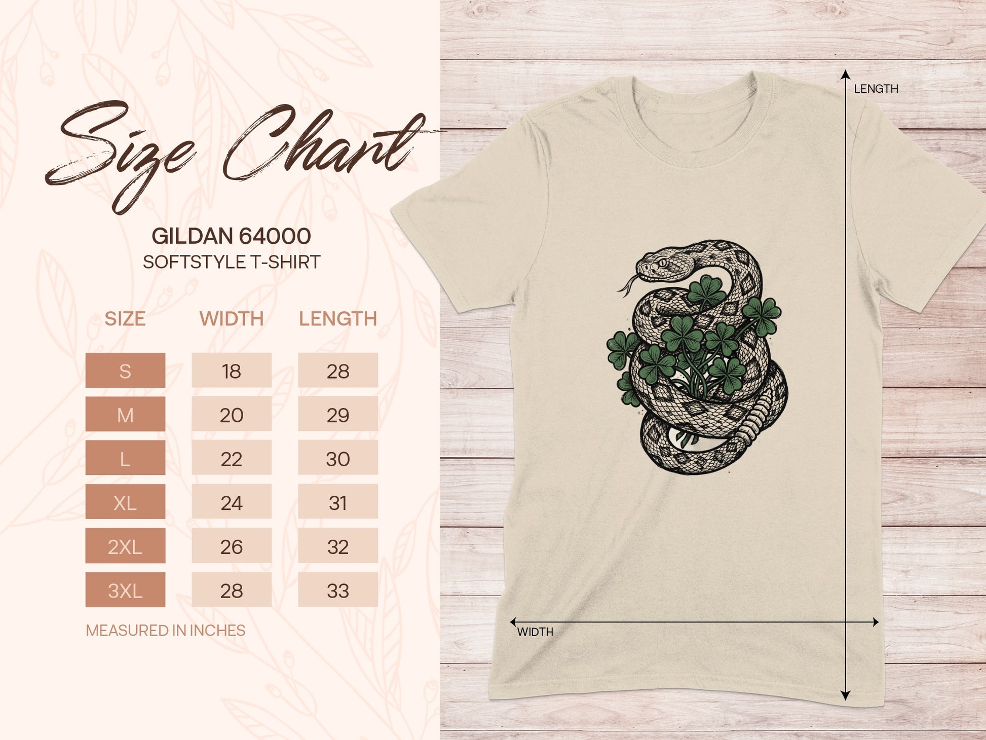 Gildan 64000 size chart with snake and clover illustration.