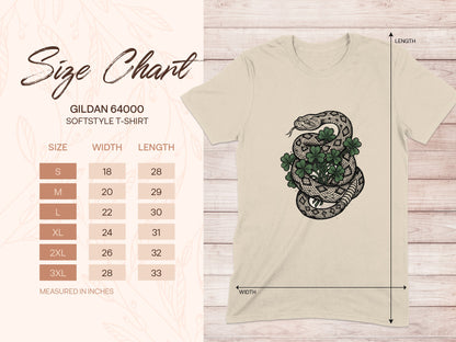 Gildan 64000 size chart with snake and clover illustration.