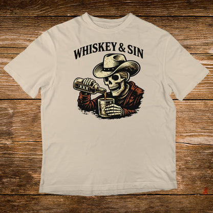 Skeleton in a hat pours whiskey into a glass, "Whiskey & Sin" text.