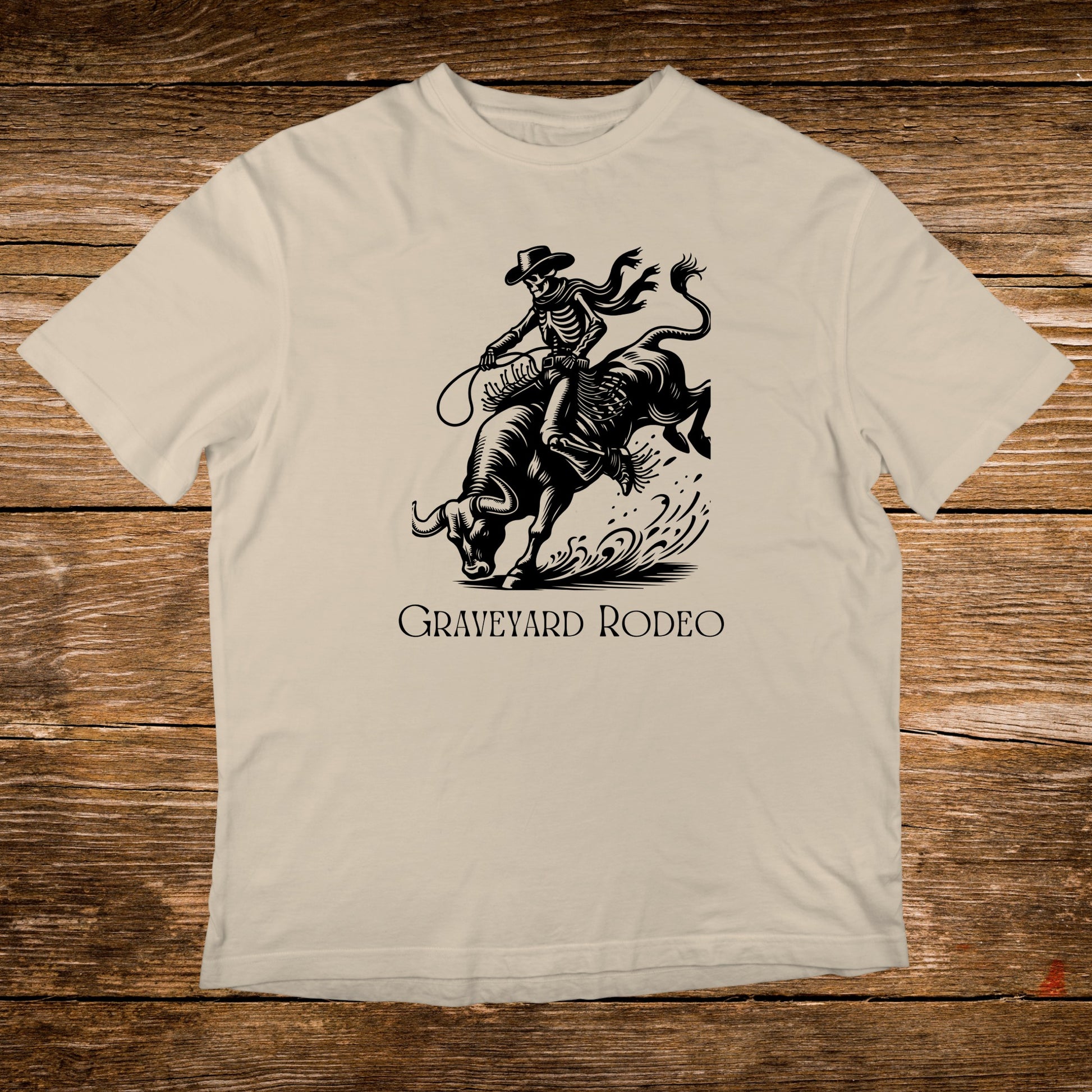 Skeleton rider on a bucking bull with "GRAVEYARD RODEO" text.