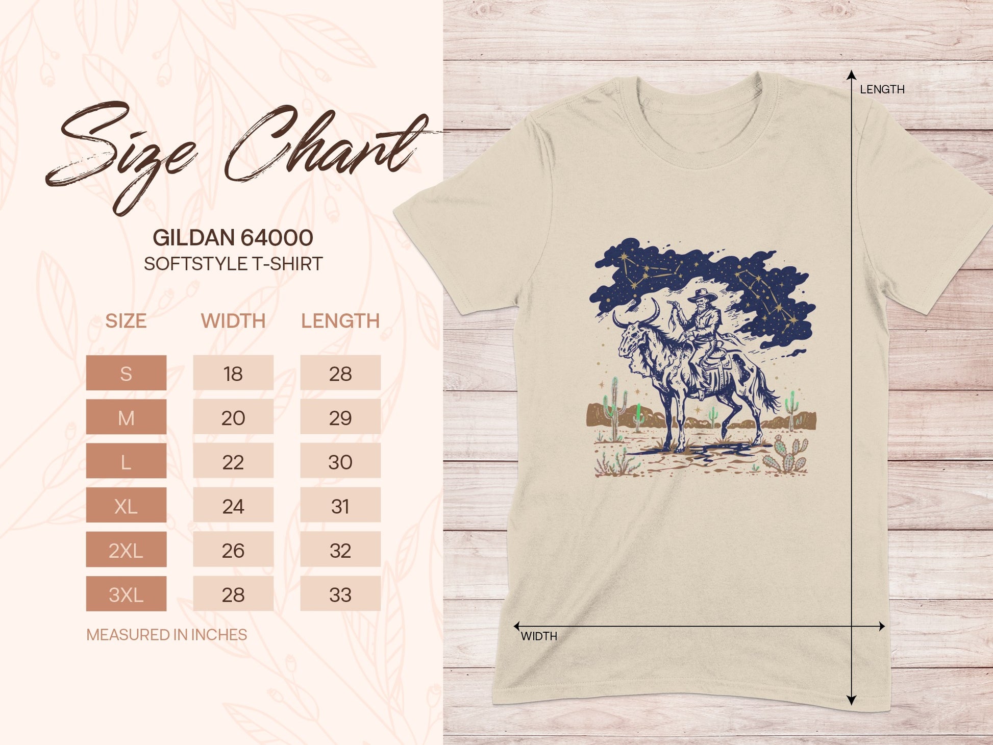 Gildan 64000 Softstyle t-shirt size chart with cowboy graphic.