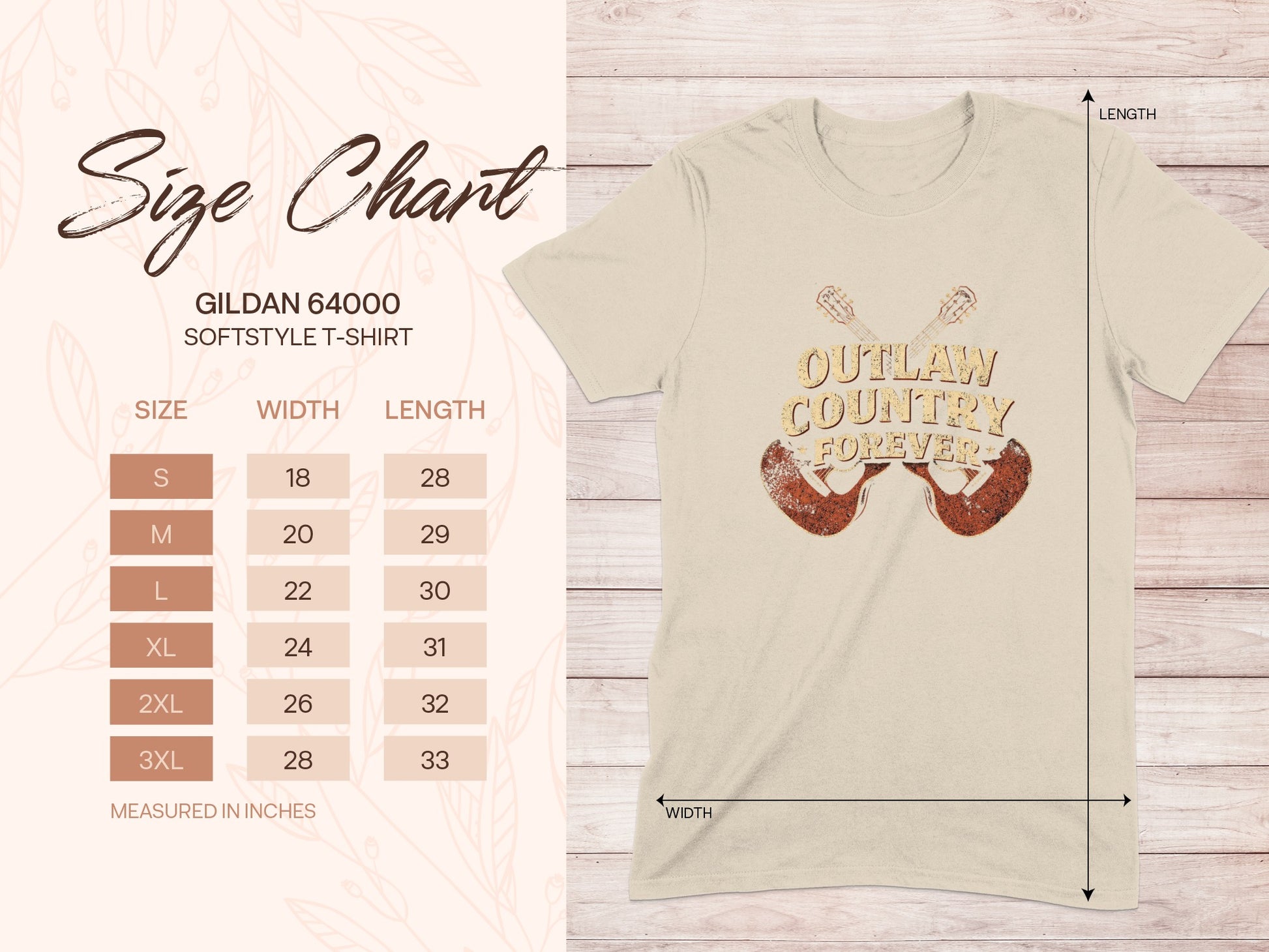 Gildan 64000 T-shirt size chart with "Outlaw Country Forever" graphic.