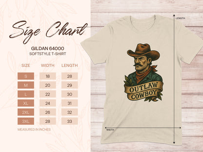 Gildan 64000 size chart for softstyle t-shirts with "Outlaw Cowboy" graphic.