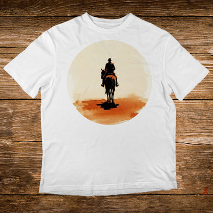 White t-shirt with watercolor illustration of cowboy on horseback.