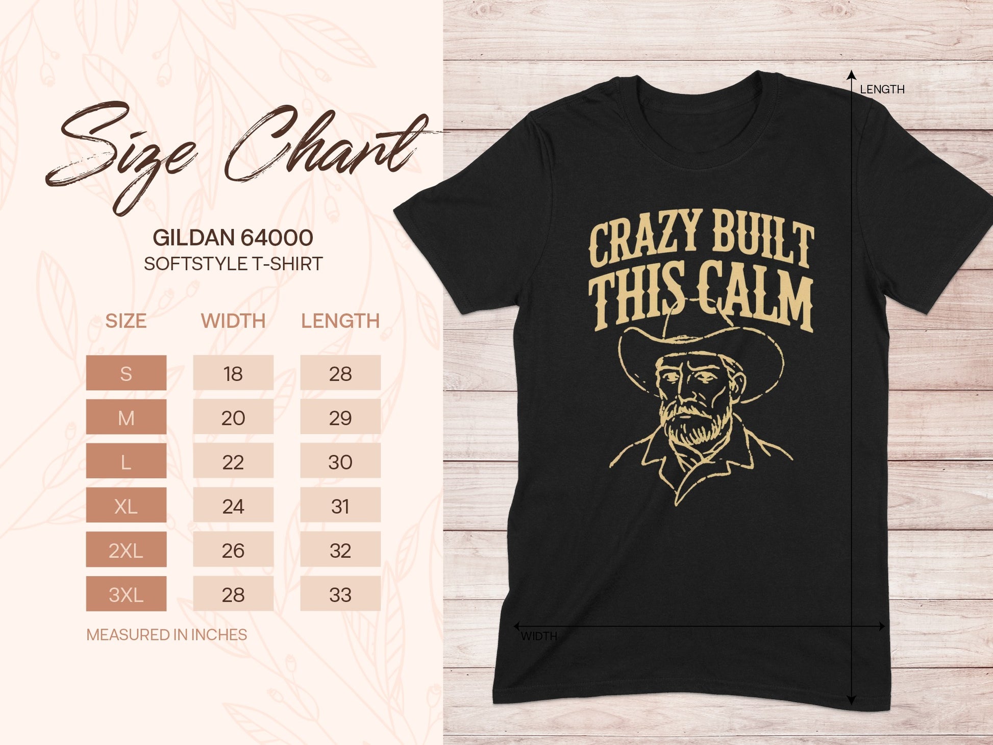 Gildan 64000 size chart for "Crazy Built This Calm" t-shirt.