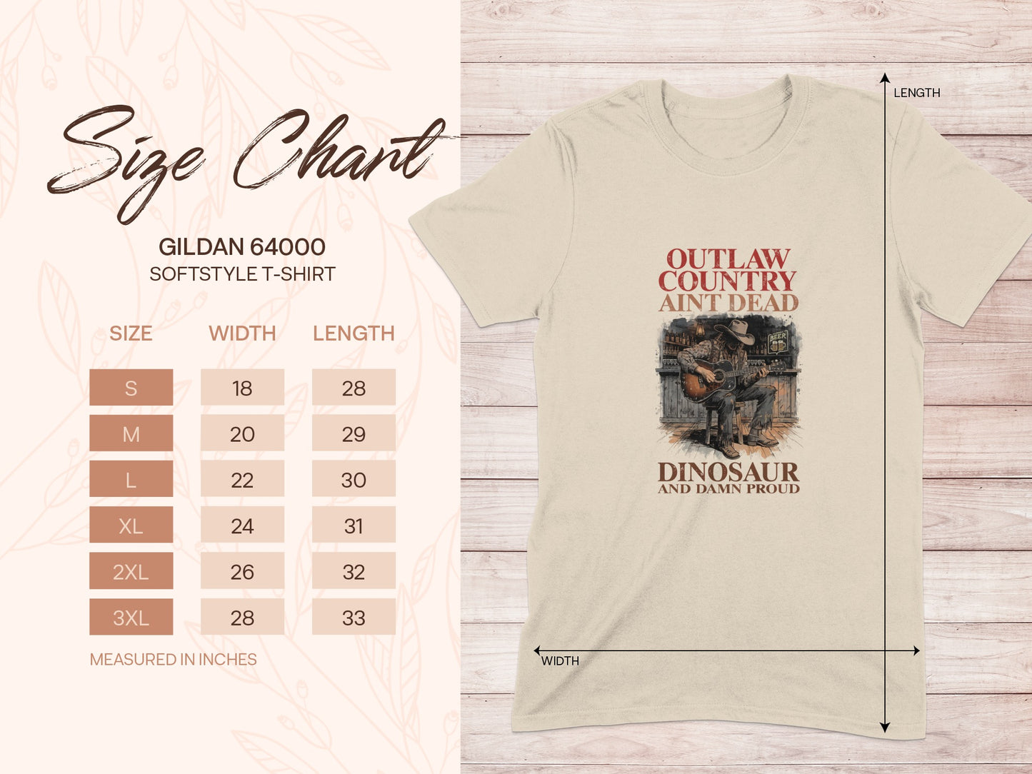 Gildan 64000 t-shirt size chart with "Outlaw Country Ain't Dead Dinosaur and Damn Proud" graphic.