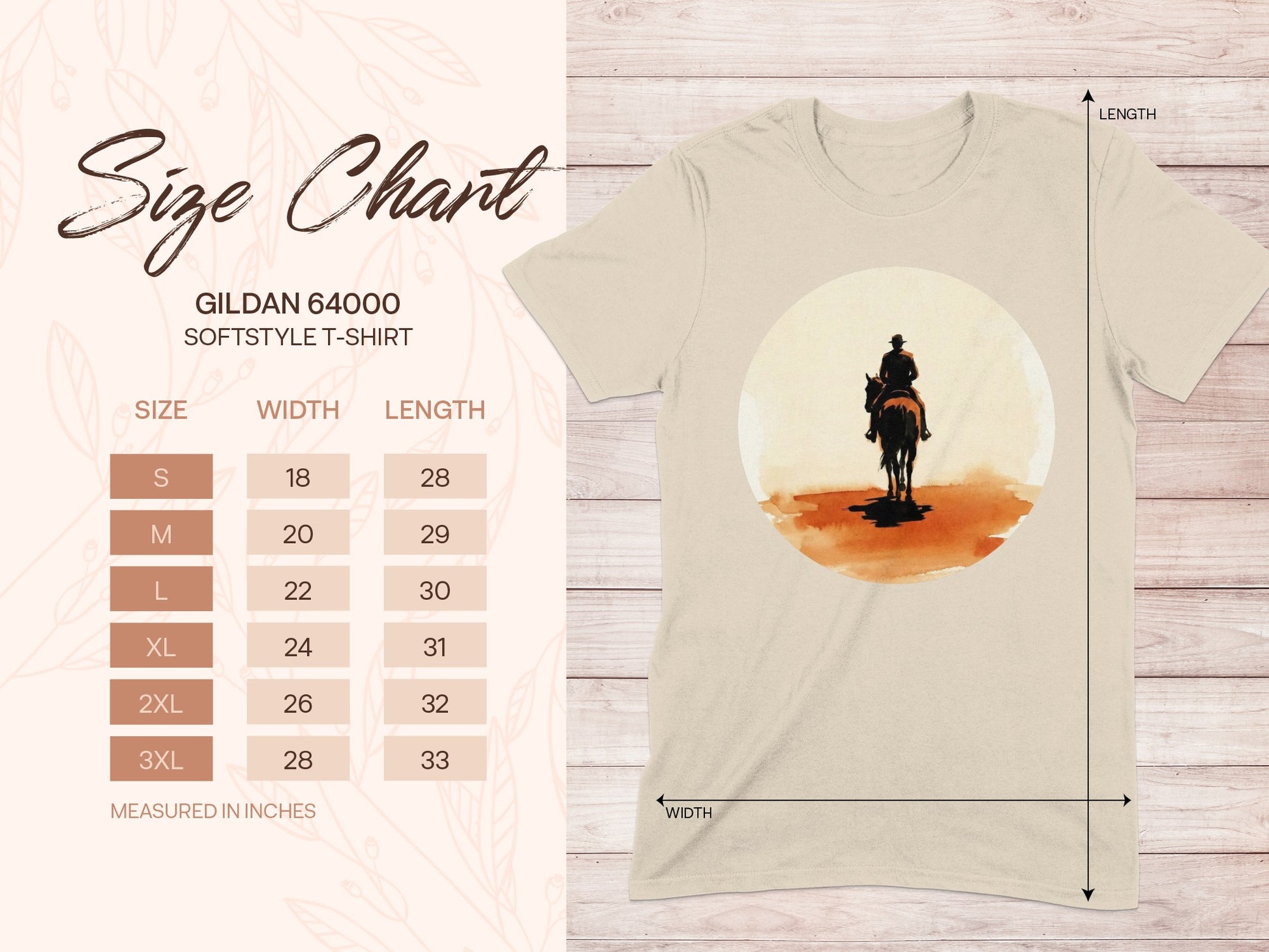 Gildan 64000 Softstyle T-Shirt size chart with measurements.