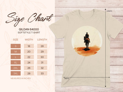 Gildan 64000 Softstyle T-Shirt size chart with measurements.