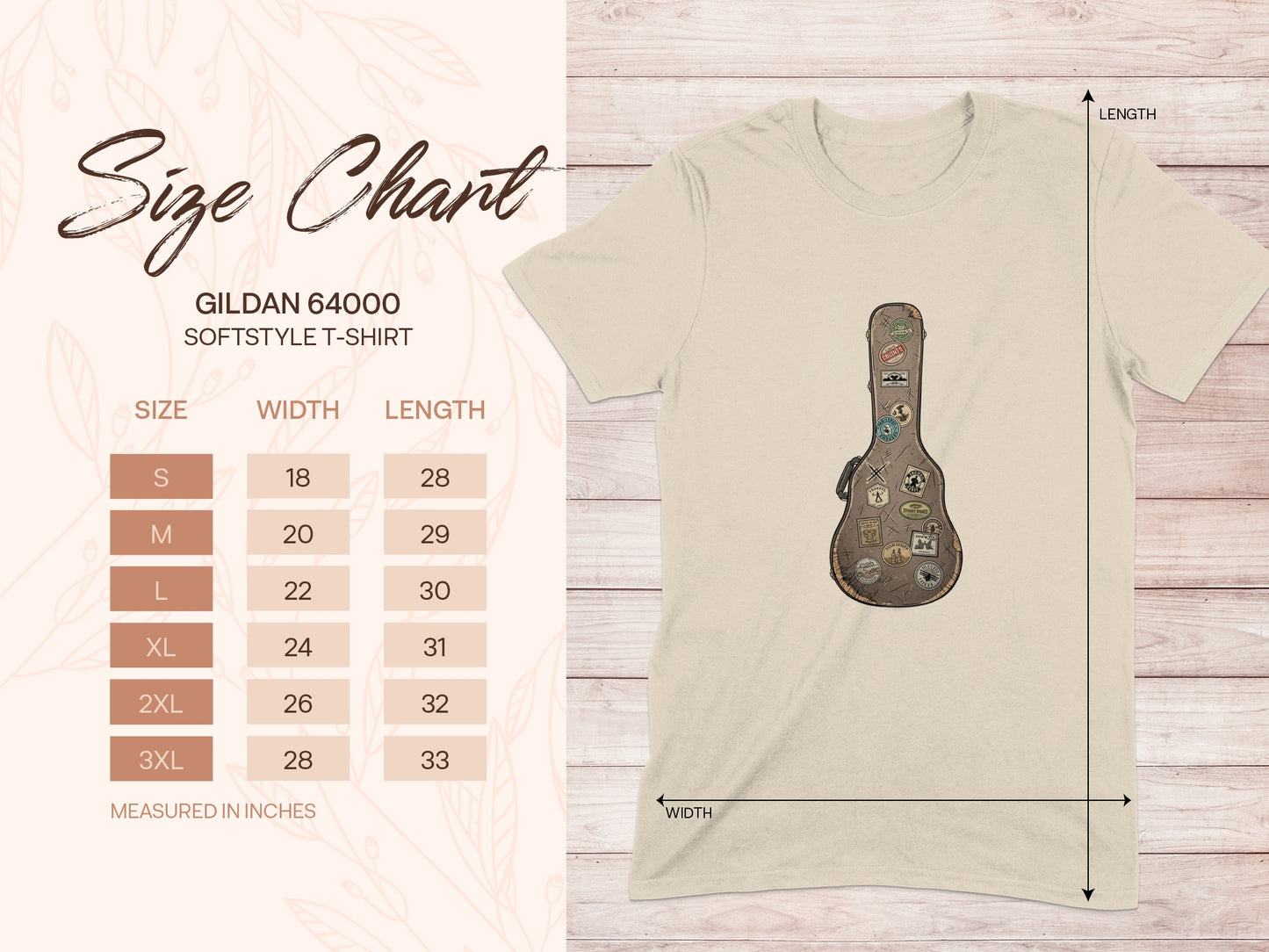 Gildan 64000 softstyle t-shirt size chart with measurements.