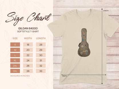 Gildan 64000 softstyle t-shirt size chart with measurements.