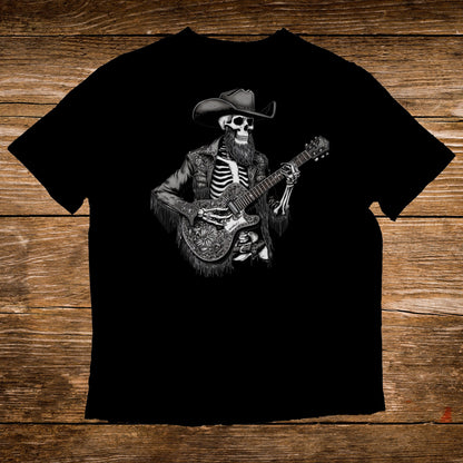 Skeleton playing guitar in a cowboy hat and fringed vest.