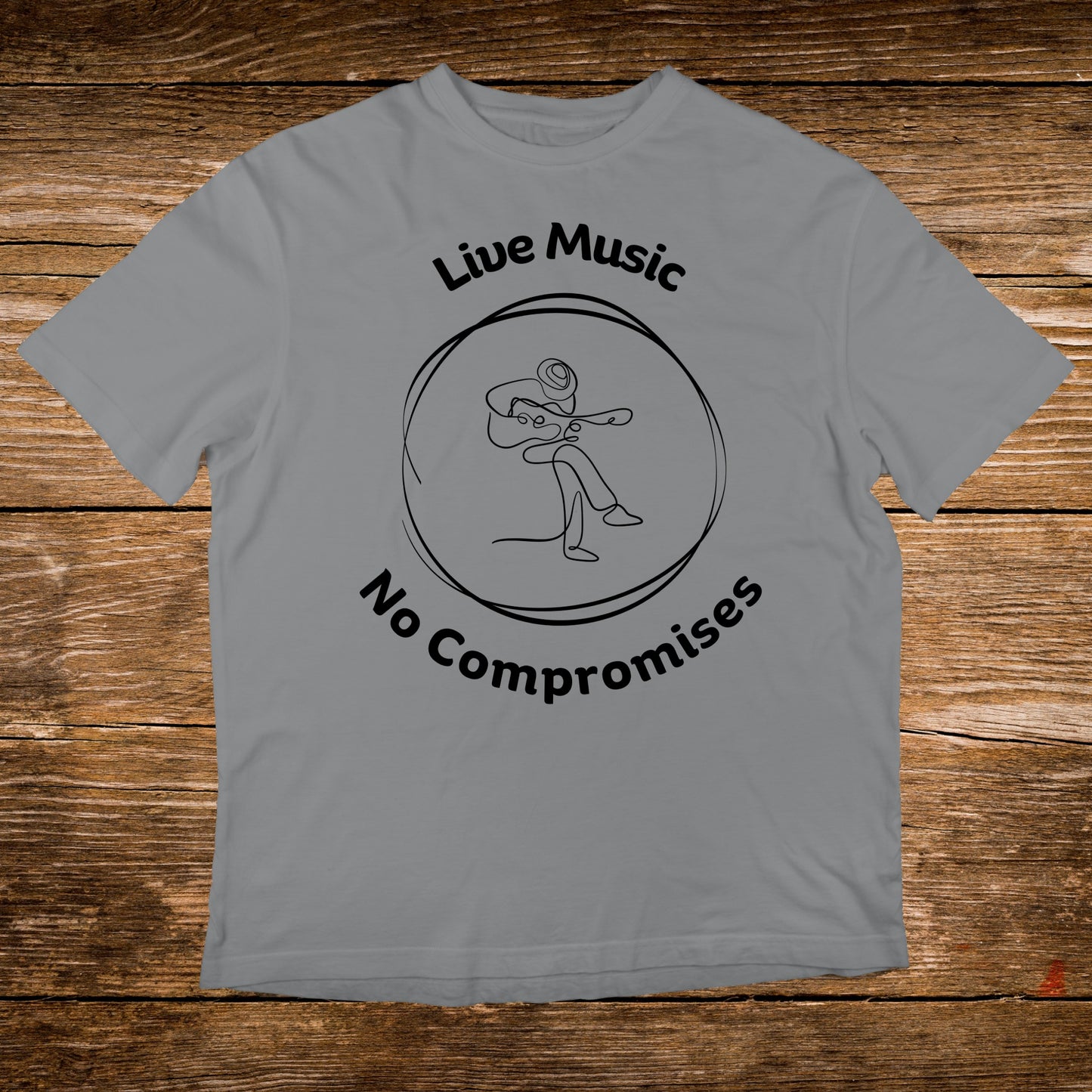 Grey t-shirt with "Live Music No Compromises" and a minimalist guitar player graphic.