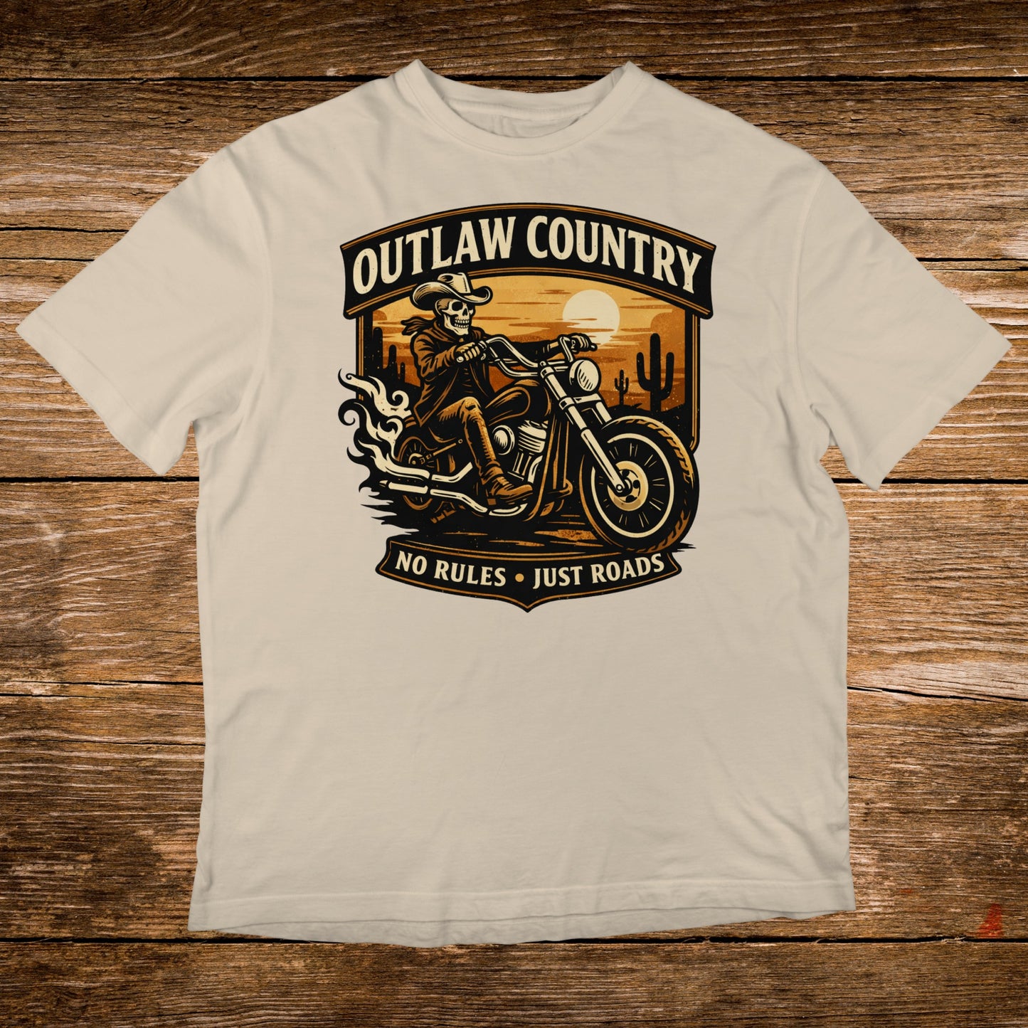 Cream t-shirt with "Outlaw Country" skull rider and motorcycle graphic.
