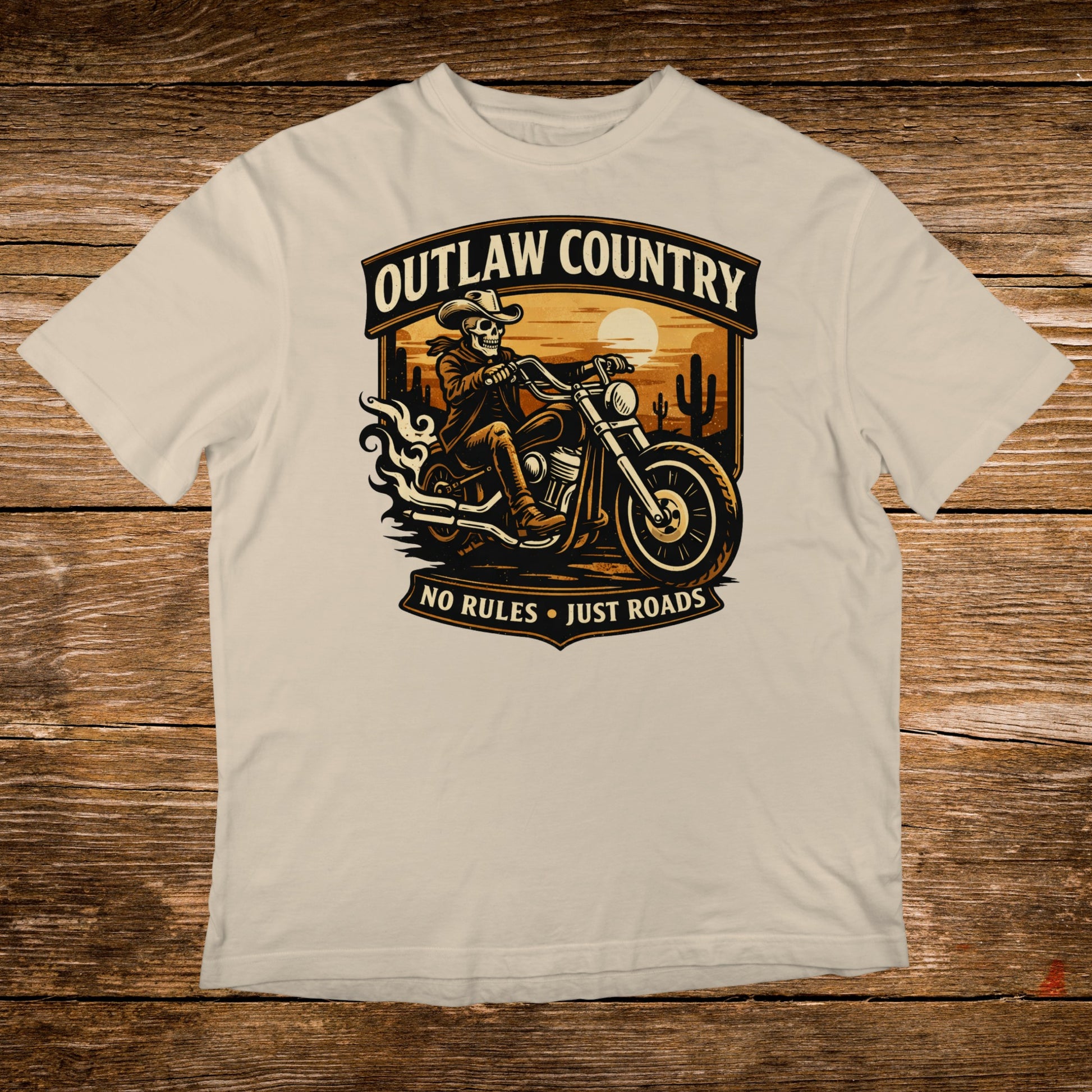 Cream t-shirt with "Outlaw Country" skull rider and motorcycle graphic.
