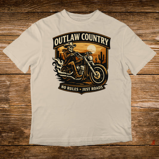 Cream t-shirt with "Outlaw Country" skull rider and motorcycle graphic.