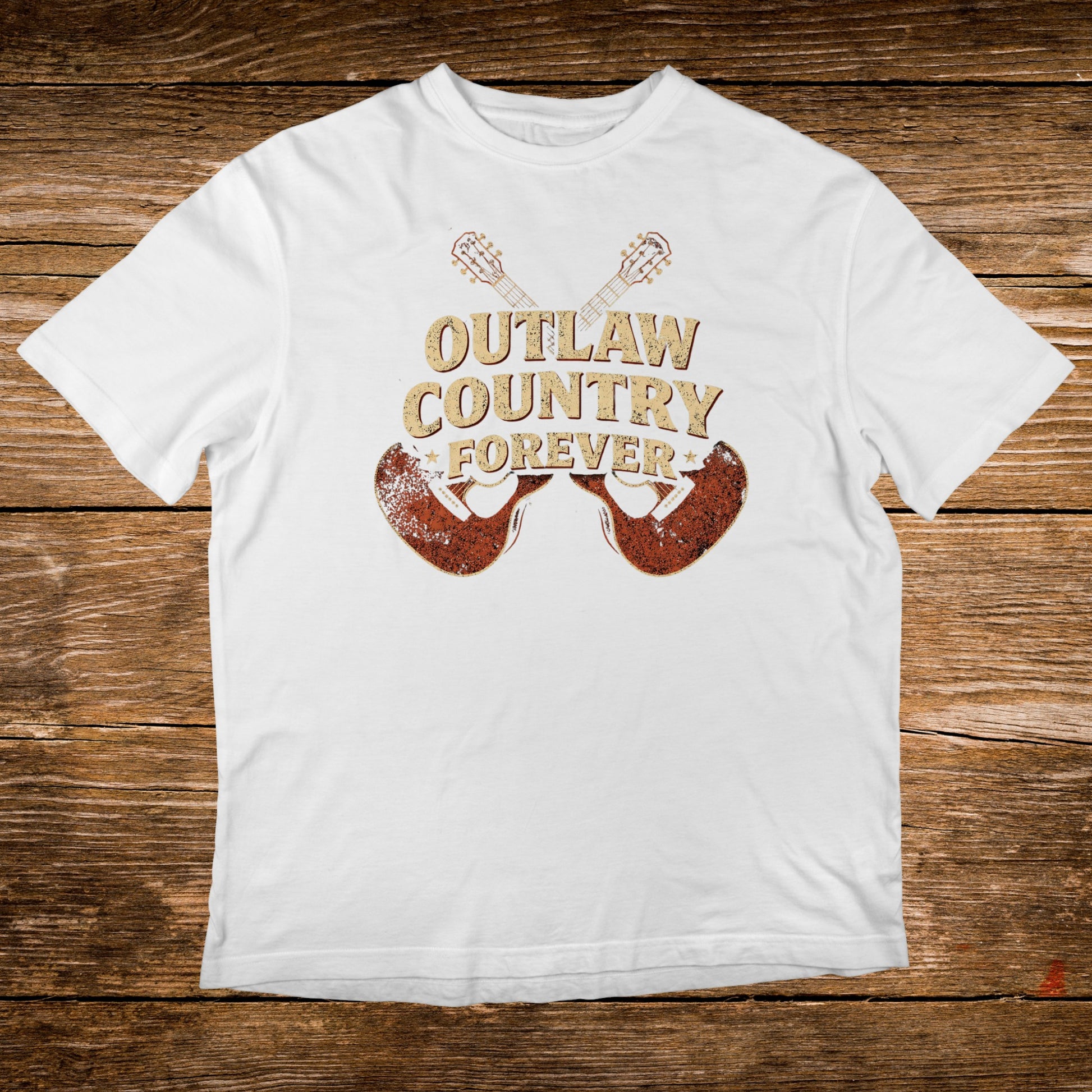 White t-shirt with "Outlaw Forever" text and two guitars.