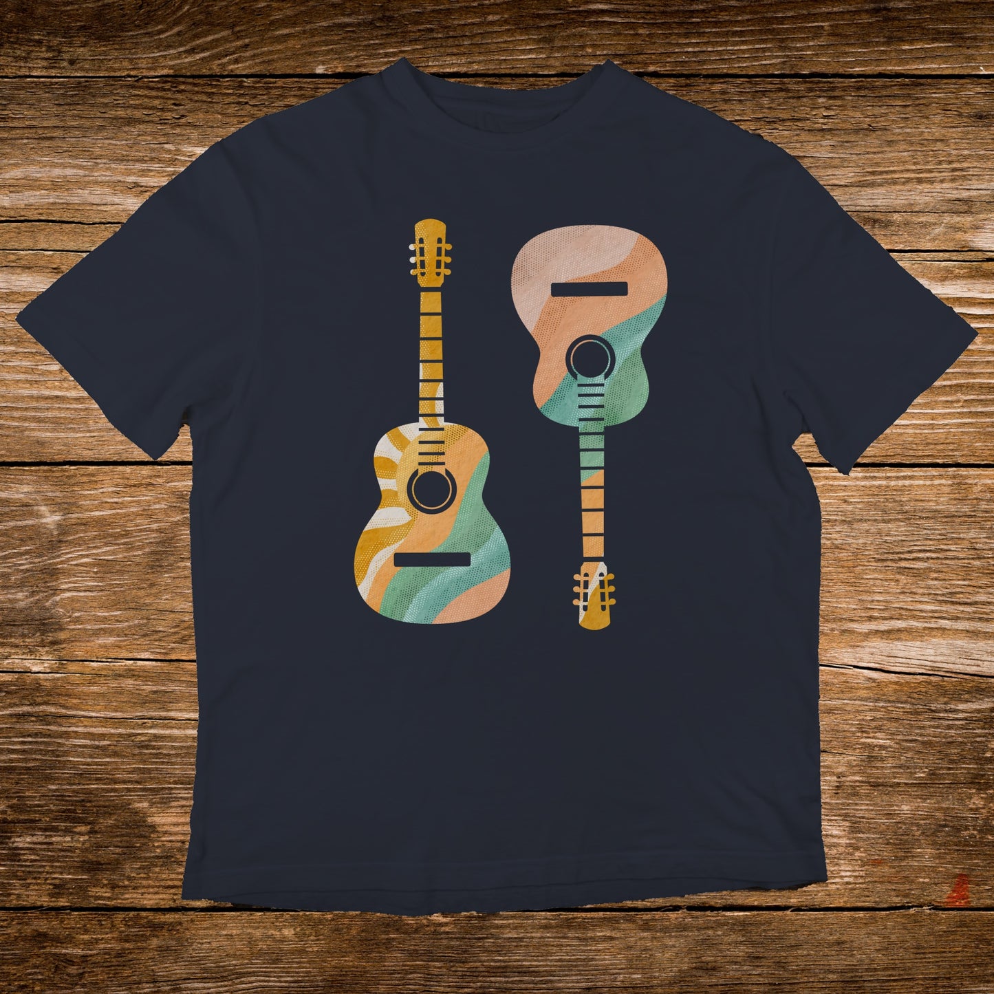 Two acoustic guitars with colorful wavy patterns on a navy t-shirt.