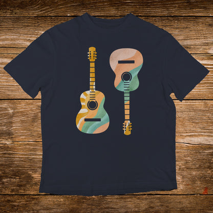 Two acoustic guitars with colorful wavy patterns on a navy t-shirt.