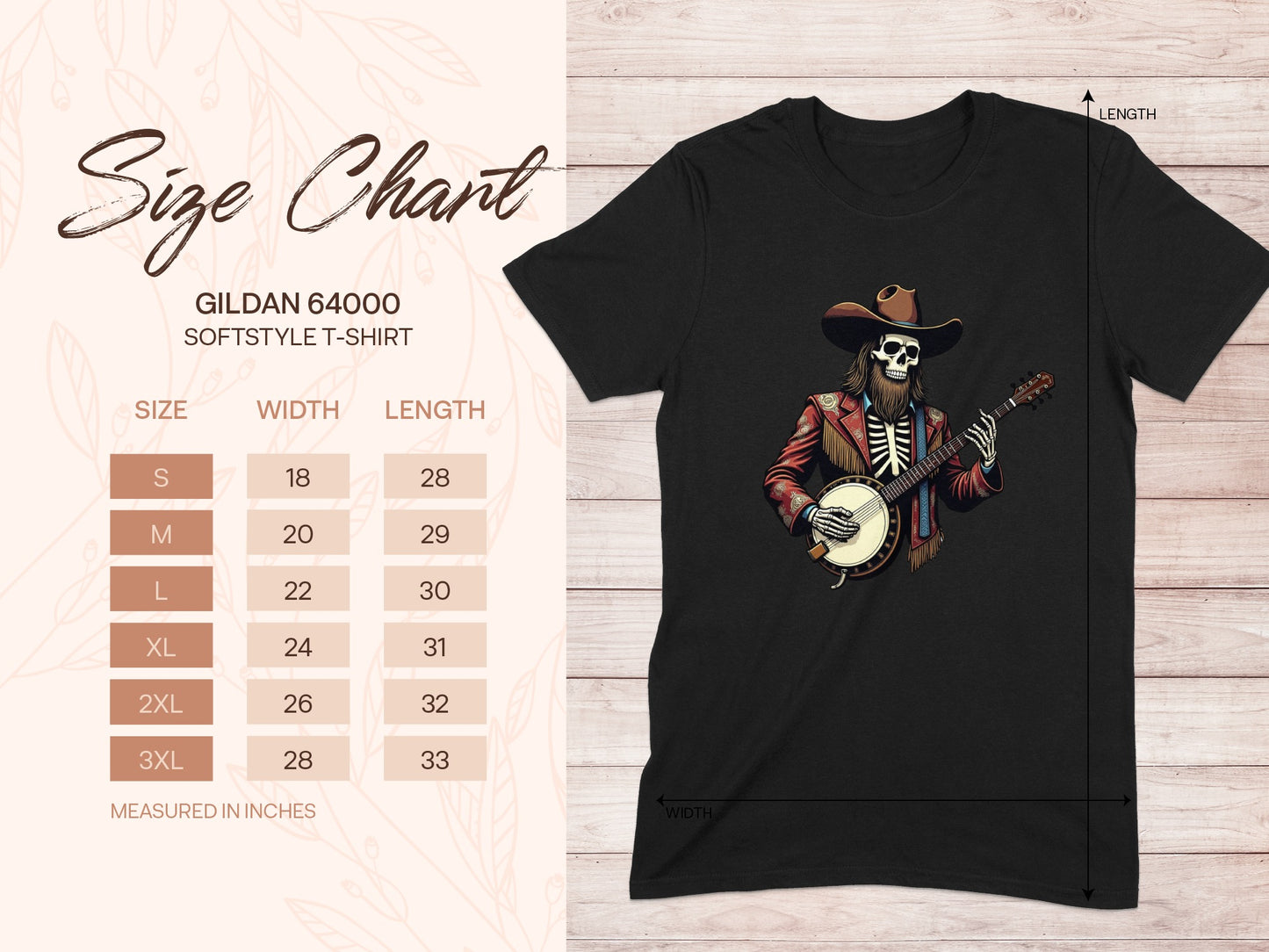 Gildan 64000 size chart for Softstyle T-shirt, showing size, width, and length.
